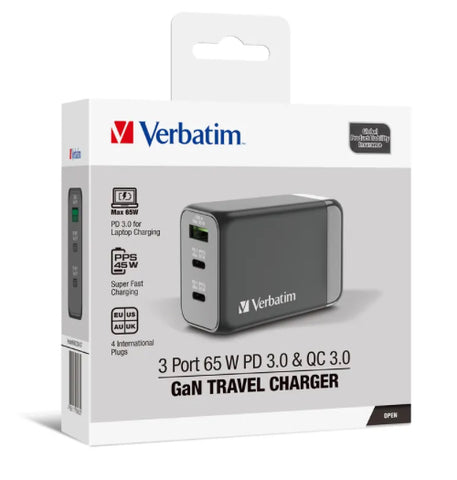 【門市發售】Verbatim 3Port 65W PD&QC 3.0 GaN 旅行充電火牛