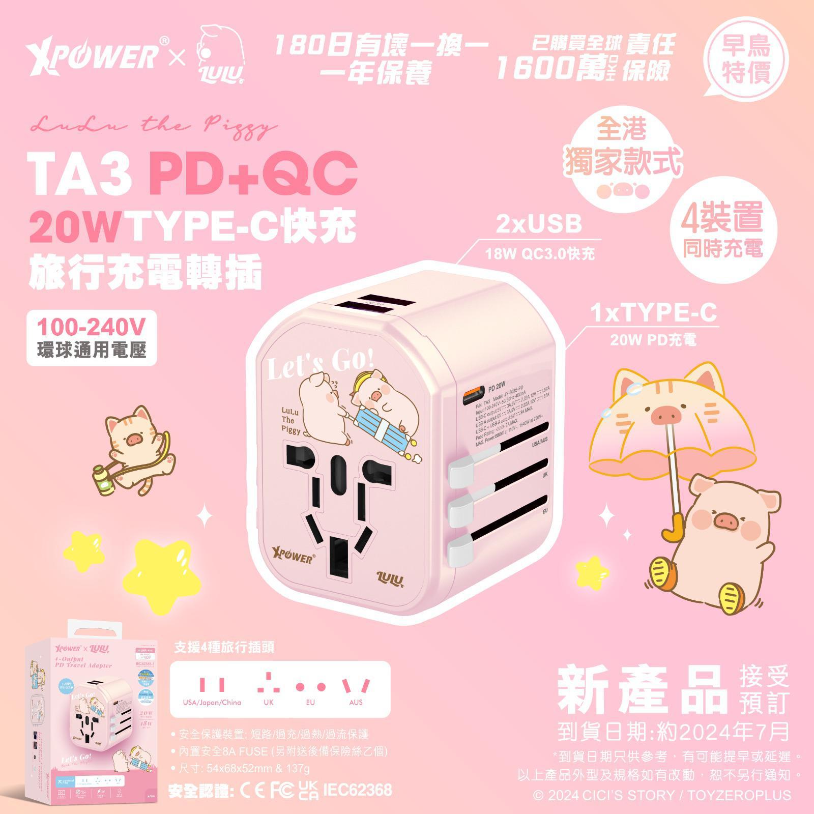 【門市發售】Xpower ✖️Lulu 豬 20W PD+QC快充 旅行轉插（TA3）